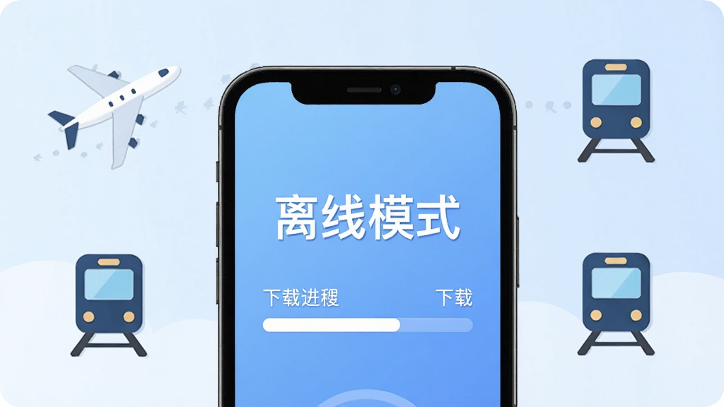 一张展示初级经济师智题库离线刷题功能的图片,主体为手机屏幕显示“离线模式”字样和下载进度条,背景有飞机、地铁等图标,布局为居中展示,风格为简约插画风,细节包括淡蓝色渐变背景、白色文字、扁平化图标,画质高清,画面干净