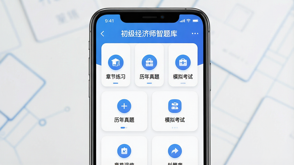 一张手机屏幕展示初级经济师智题库应用界面的图片,主体是一部立着的智能手机,屏幕中央显示“初级经济师智题库”软件首页,有章节练习、历年真题、模拟考试等按钮图标,布局简洁清晰,排版采用上下结构,风格为现代扁平化科技风,细节包括蓝色主色调、白色背景、圆角卡片设计,画质高清,画面干净,无多余元素
