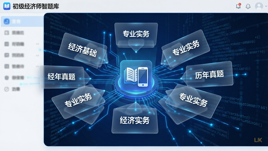 一幅展示初级经济师智题库海量题库界面的图片,主体为悬浮在空中的多个半透明知识卡片,卡片上写有“经济基础”“专业实务”“历年真题”等字样,布局呈放射状排列,排版错落有致,风格为科技感数据流,细节包括蓝色发光线条、数字代码背景、书本与手机结合的图标,画质4K,干净无杂物