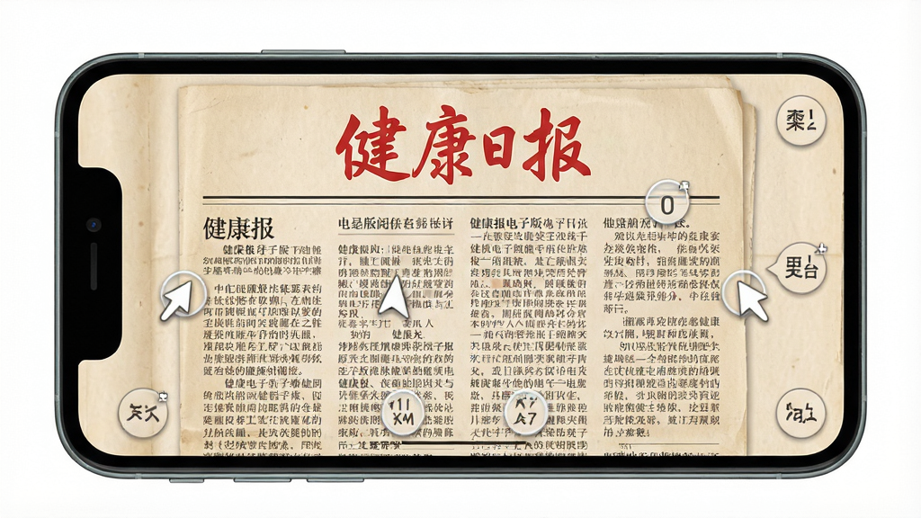 健康报电子版在线阅读界面,手机屏幕模拟报纸版面,显示健康报报头与多栏文字排版,支持触控缩放,界面带有翻页按钮,整体风格仿真纸质报纸,米黄色背景,高清画质,干净无多余元素