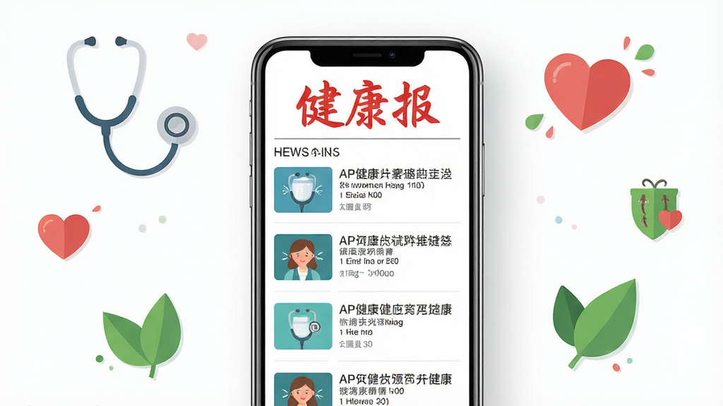 健康报App主界面全貌展示,手机屏幕居中放置,屏幕内显示健康报标志性红色报头与新闻资讯列表,背景为干净白色,周围环绕听诊器、爱心、绿叶等健康元素图标,扁平化设计风格,柔和光线,高清画质,干净无多余元素