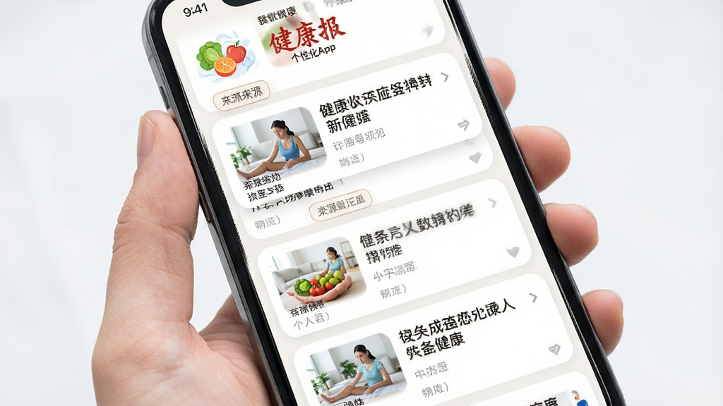 健康报App个性化推荐页面,手机屏幕显示信息流卡片,每张卡片包含健康文章标题、缩略图与来源标签,界面布局清爽,卡片圆角设计,浅色背景,高清画质,干净无多余元素