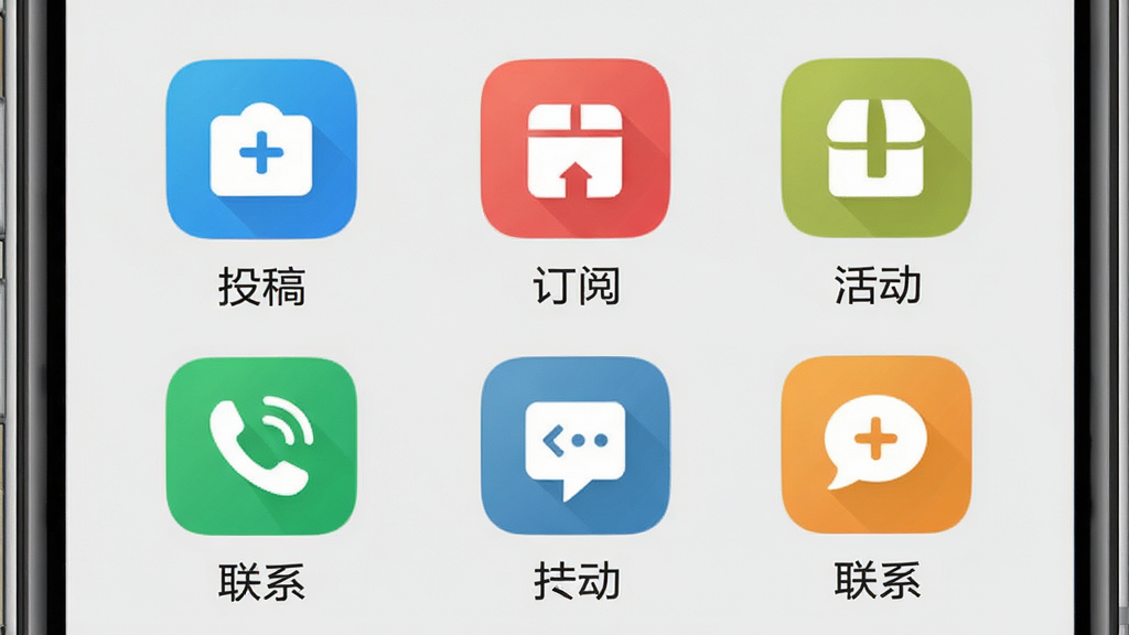健康报App服务与互动页面,手机屏幕显示功能图标网格,包含投稿、订阅、活动、联系等入口,图标设计统一,色彩鲜明,背景为浅灰色,高清画质,干净无多余元素