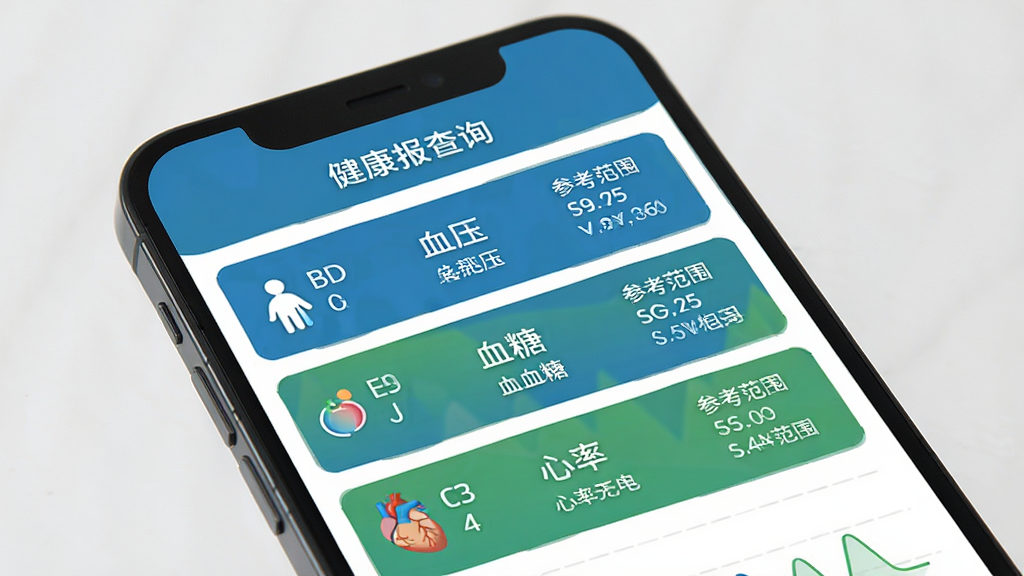 健康报告查询功能界面,手机屏幕显示体检报告数据列表,包含血压、血糖、心率等指标数值与参考范围,界面以蓝色和绿色为主色调,图表清晰,高清画质,干净无多余元素