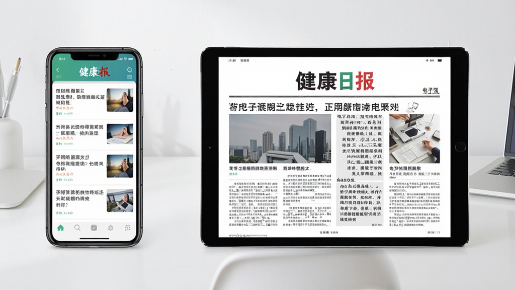 健康报App在手机与平板上的使用场景对比图,左侧手机竖屏显示新闻列表,右侧平板横屏显示电子报版面,背景为简洁桌面,整体风格商务专业,高清画质,干净无多余元素