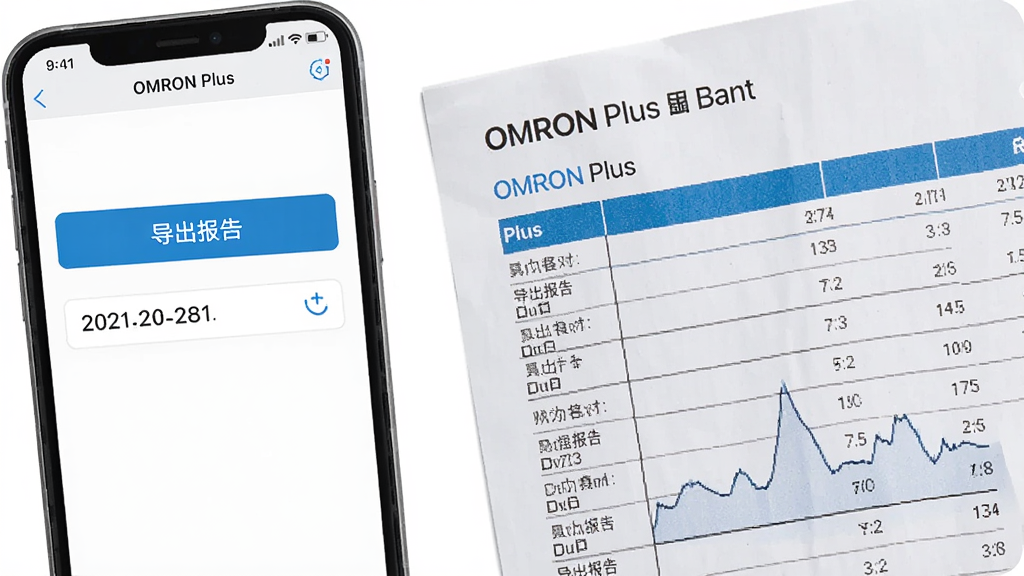 一部手机显示 OMRON Plus 应用的数据导出界面,屏幕上有