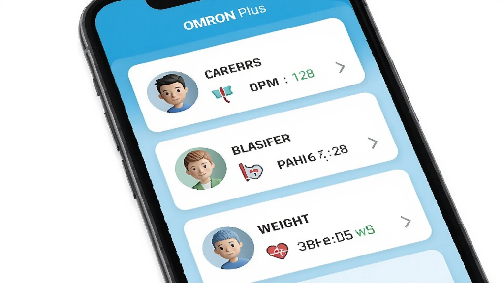 一部手机屏幕显示 OMRON Plus 应用的多用户管理界面,画面中有三个用户头像卡片,分别标注不同姓名,每个卡片下方显示最近的血压和体重数据,布局为垂直排列,风格为清爽卡片式设计,细节包括圆角卡片、浅蓝色背景、简洁图标,画质高清,干净无多余元素,屏幕顶部有