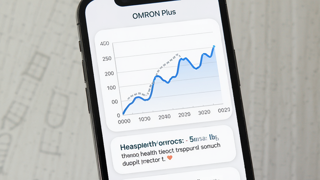 手机屏幕展示 OMRON Plus 应用的趋势图表页面,主体为一条血压变化折线图,横轴为日期,纵轴为血压值,图表下方有健康提示文字框,布局为上下结构,风格为现代数据可视化风,细节包括蓝色折线、浅灰色网格线、白色背景、圆角数据卡片,画质高清,干净无多余元素,屏幕上方有