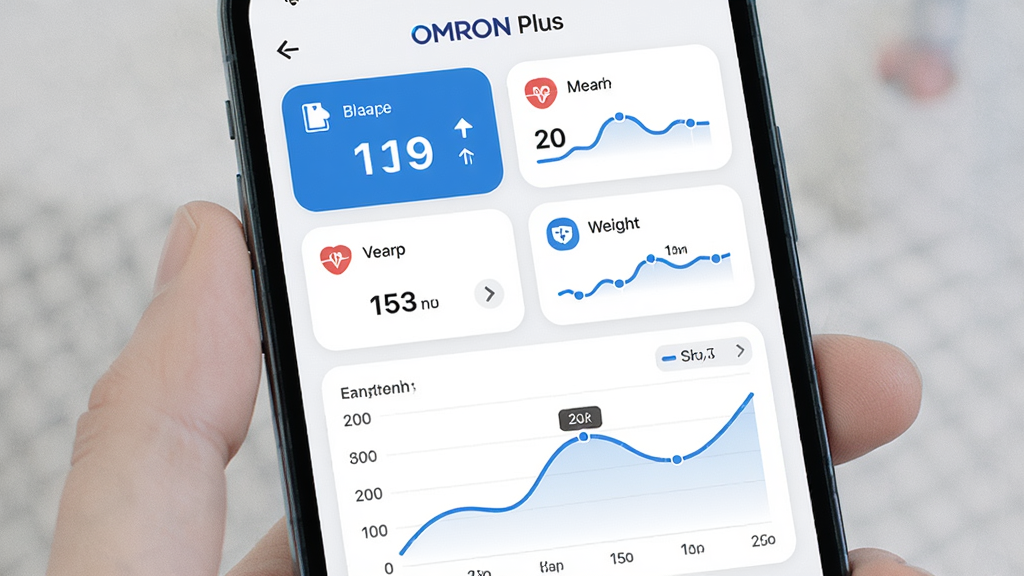 一张展示 OMRON Plus 应用界面的手机预览图,主体为一部现代智能手机,屏幕显示健康数据仪表盘,包含血压数值、心率曲线和体重趋势图表,布局清晰分为上下两部分,上半部分为数据卡片,下半部分为折线图,排版简洁现代,风格为清新医疗科技风,细节包括圆角图标、蓝色主色调、白色背景,画质高清,干净无多余元素,屏幕上方有