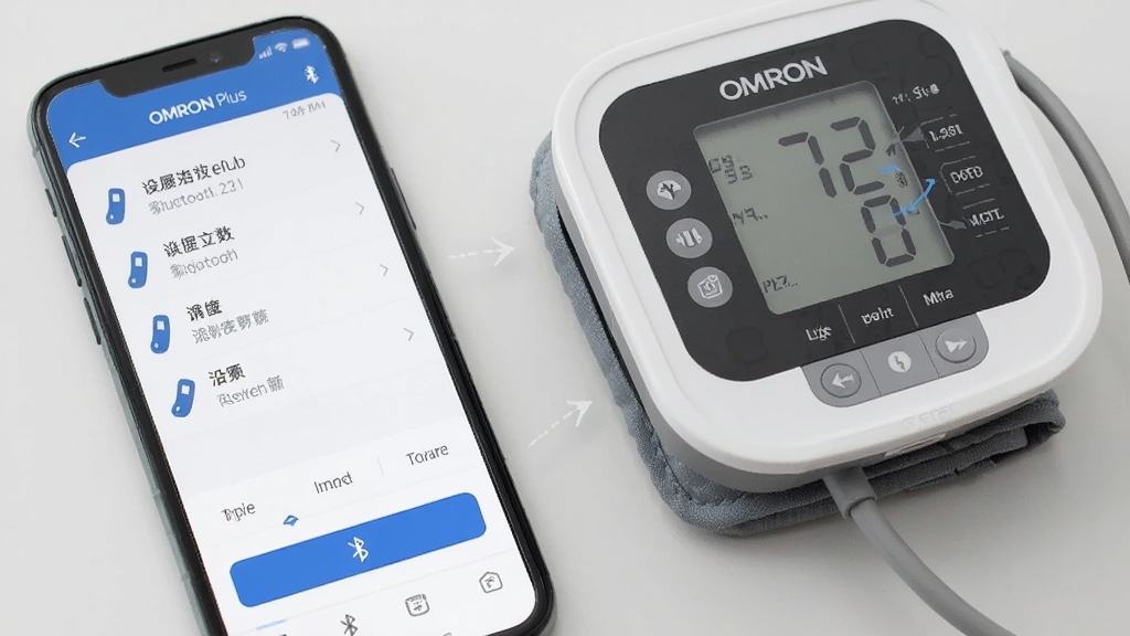 一部手机显示 OMRON Plus 应用的蓝牙配对界面,屏幕上有设备搜索列表和配对按钮,旁边有一台欧姆龙血压计,布局为手机与设备左右摆放,风格为简洁操作指引风,细节包括蓝色配对按钮、设备图标、浅灰色背景,画质高清,干净无多余元素,手机屏幕上方有