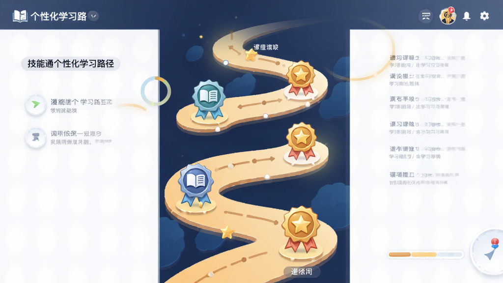 技能通个性化学习路径界面,画面展示一条蜿蜒向上的路径,路径上分布着不同课程节点与勋章图标,主体为学习路径图,布局为纵向延伸,排版清晰,风格为插画风,细节包含进度标记与文字标签,画质干净,无多余元素
