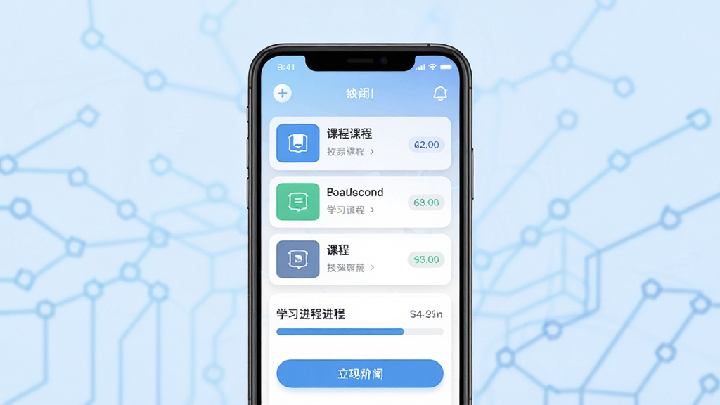 技能通手机应用主界面展示,画面中央是一部智能手机,屏幕内呈现课程列表与学习进度条,背景为淡蓝色渐变,主体突出,布局居中,排版简洁,风格为扁平化科技风,细节包含图标、按钮与文字标签,画质清晰,干净,无多余元素