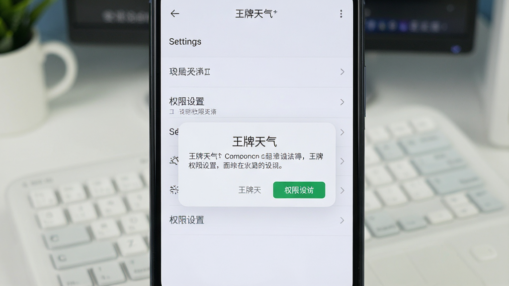 一张展示王牌天气在新手引导下进行权限设置的图片,画面中手机屏幕显示着“王牌天气”的权限请求弹窗,背景是简洁的手机设置界面,风格清晰明了,画质高清,干净无多余元素。