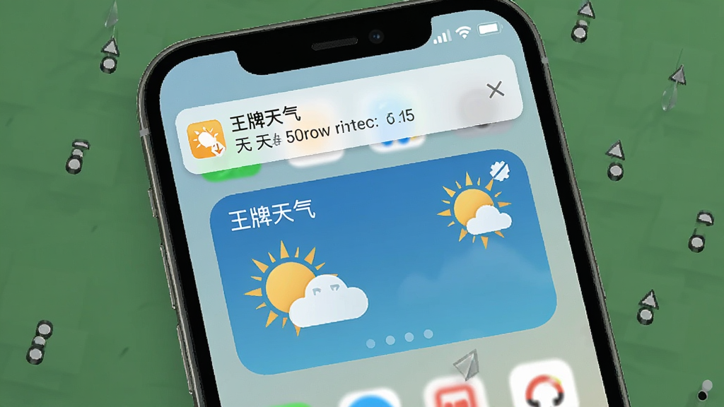 一张展示王牌天气桌面小组件和通知提醒功能的图片,画面中手机主屏幕上显示着“王牌天气”的小组件,同时顶部有天气预警通知横幅,背景是简洁的手机桌面,风格实用便捷,画质高清,干净无多余元素。