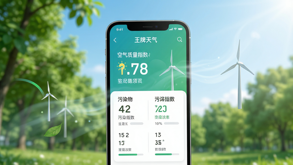 一张展示王牌天气空气质量监测功能的图片,画面中手机屏幕显示着“王牌天气”的空气质量指数和污染物数据,背景是绿树和清新空气,风格自然健康,画质高清,干净无多余元素。