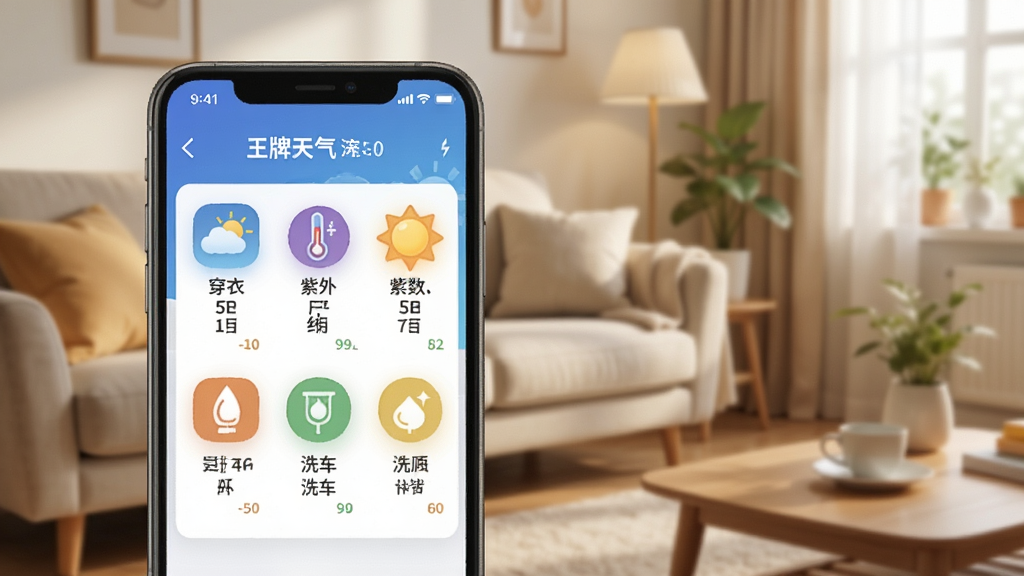 一张展示王牌天气生活指数功能的图片,画面中手机屏幕显示着“王牌天气”的穿衣、紫外线、洗车等生活指数图标,背景是温馨的家居环境,风格生活化,画质清晰,干净无多余元素。