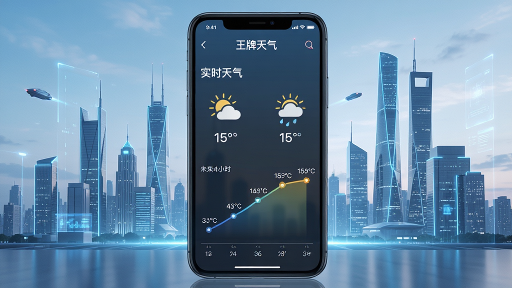 一张展示王牌天气实时预报功能的图片,画面主体是手机屏幕,屏幕上显示着“王牌天气”的实时温度、天气图标和未来24小时温度变化曲线图,背景是城市天际线,风格现代科技感,画质清晰,干净无多余元素。