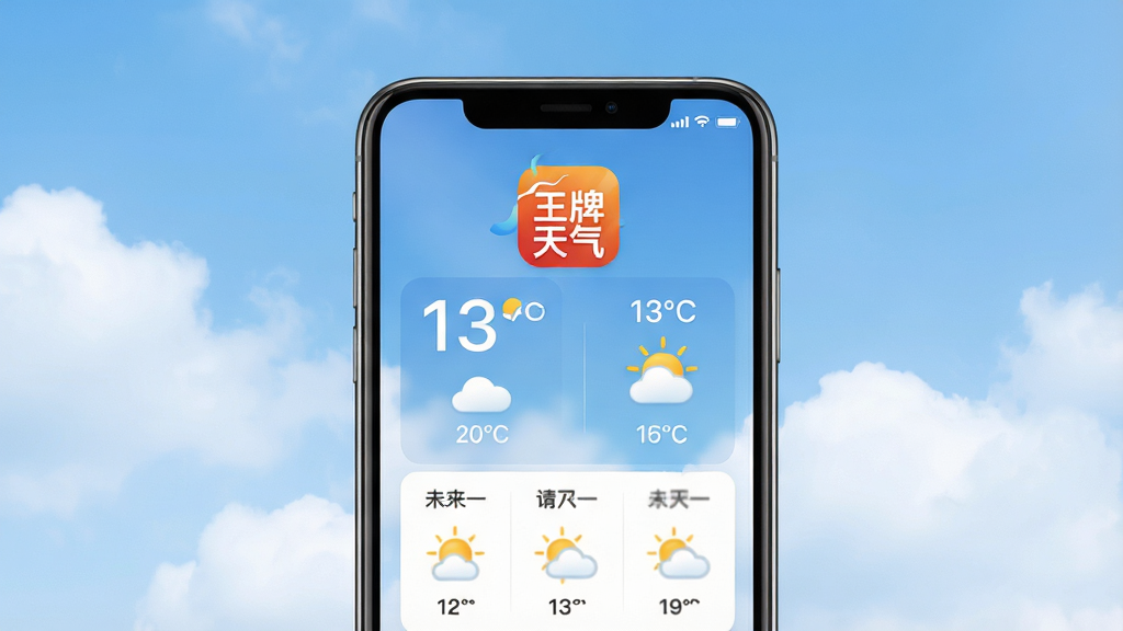 一张展示王牌天气软件主界面的图片,画面中央是手机屏幕,屏幕上清晰显示着“王牌天气”应用图标和实时天气信息,包括温度、天气状况图标和未来几天的预报,背景是柔和的蓝天白云,整体风格清新简洁,画质高清,干净无多余元素。