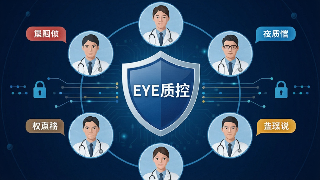 一张表现眼科质控数据安全与权限管理的概念图,主体为多个医生头像围绕一个盾牌图标,盾牌上写“EYE质控”,布局为环形排列,风格商务科技,细节包括锁形图标、数据流线条、不同颜色的角色标签,画质清晰,干净,无多余元素