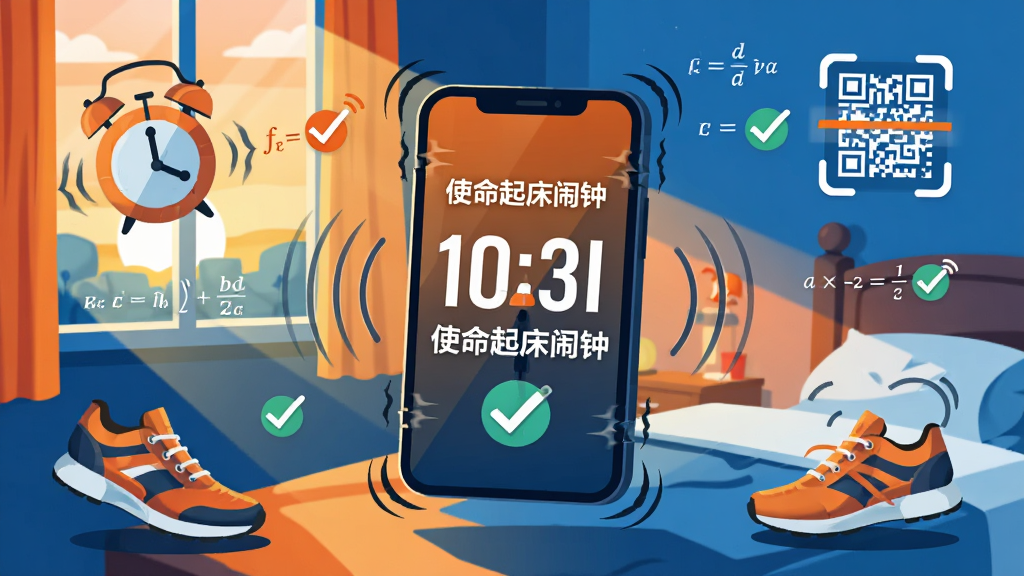 画面中央是一个正在剧烈震动的智能手机,屏幕上显示着巨大的时间数字和