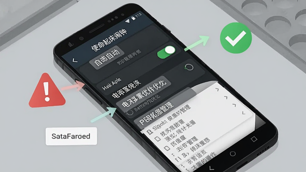 一部安卓手机显示着使命起床闹钟的设置页面,页面中有自启动开关、电池优化选项和权限管理列表,旁边有一个红色警示图标和绿色对勾图标,背景是简洁的灰色工作台,风格为信息图表式插画,细节包含箭头指示和文字标注框,画质清晰,干净,无多余元素