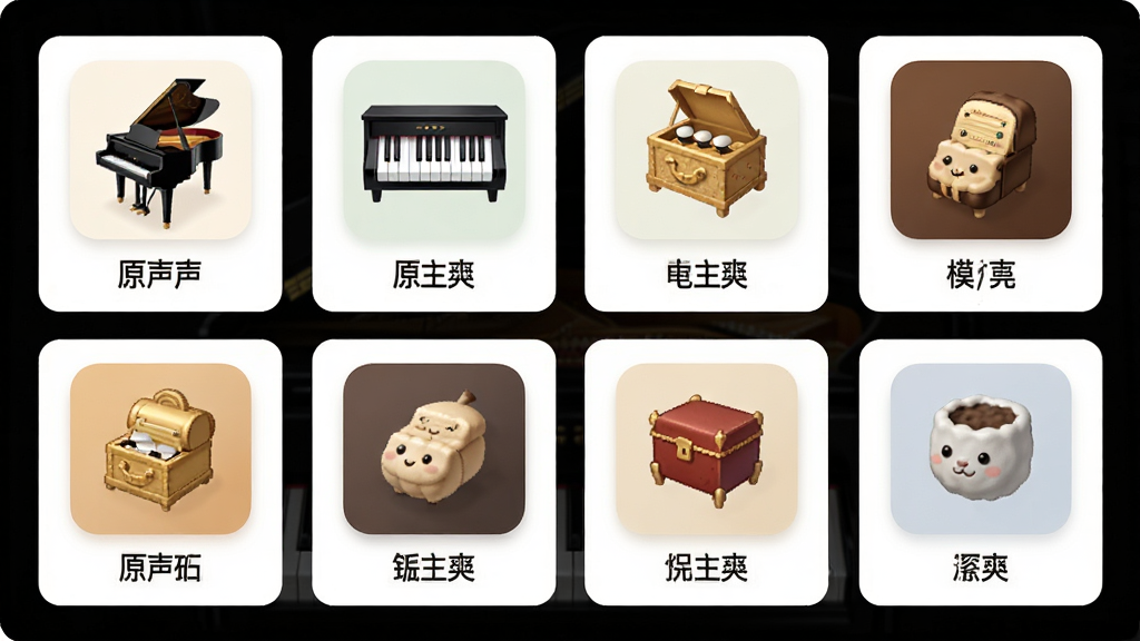 一张展示钢琴模拟大师音色选择界面的图片,画面中排列着多个音色图标,包括原声钢琴、电钢琴、八音盒等,每个图标下方有对应的中文名称,界面采用卡片式布局,风格清新浅色,画质干净,无多余元素
