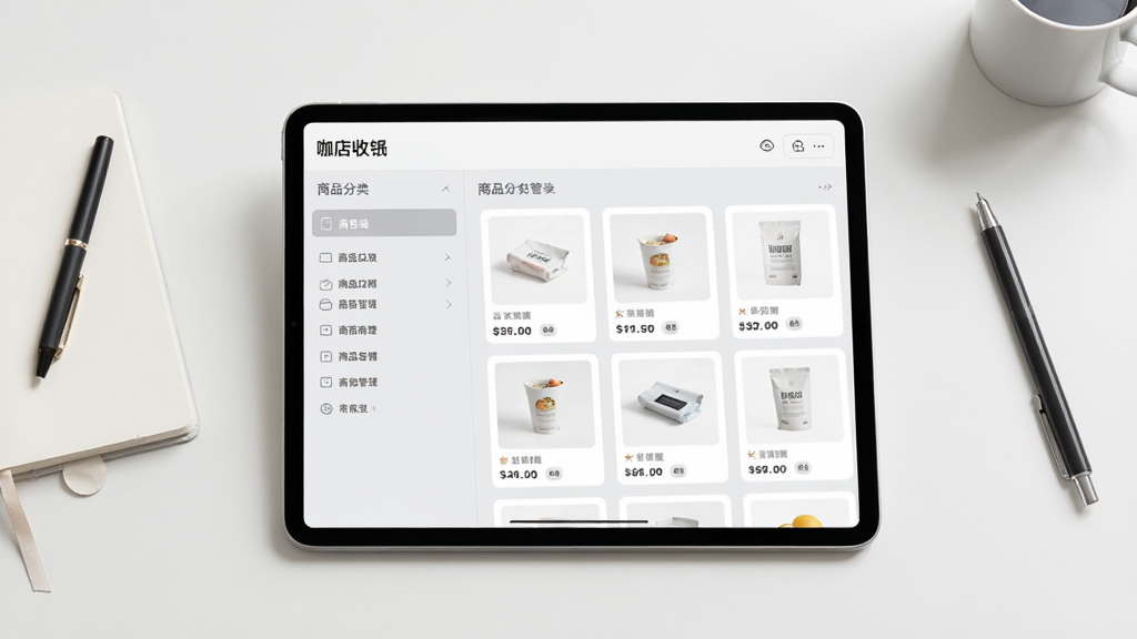 平板电脑上显示咖店收银的商品管理界面,左侧是商品分类列表,右侧是商品卡片和库存数字,画面采用浅灰与白色搭配,桌面上有笔记本和笔,风格清新极简,细节清晰,画质干净,无多余元素