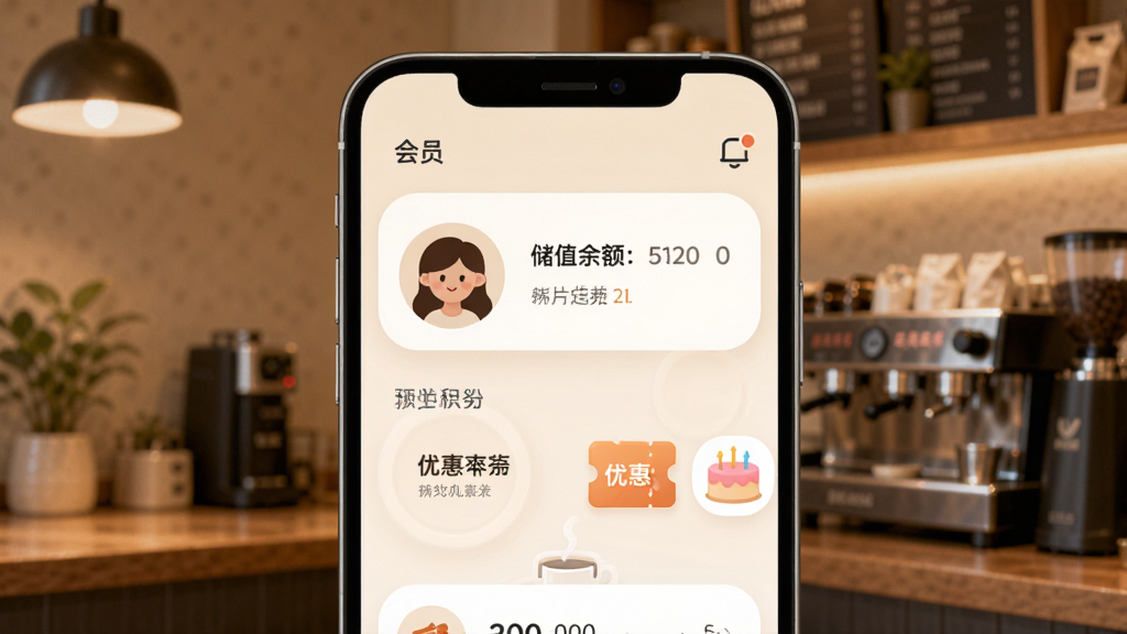 咖店收银会员管理界面,手机屏幕显示会员头像、储值余额和积分,旁边有优惠券图标和生日蛋糕小图标,背景是暖色调咖啡店环境,风格柔和圆角,细节丰富,画质干净,无多余元素