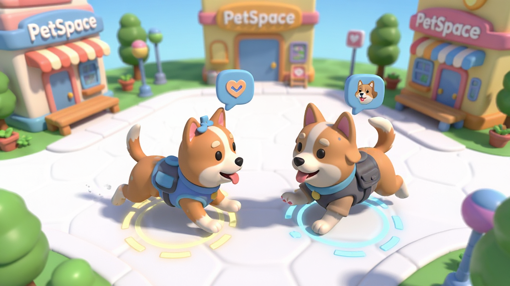 一张展示PetSpace社交广场与拜访功能的AI生图,主体为两只不同装扮的卡通宠物在虚拟广场上互相追逐玩耍,布局采用广角俯视视角展示广场全貌与周边设施,排版层次分明,风格为明亮糖果色3D卡通,细节包括宠物欢快的奔跑姿态、头顶的社交气泡图标、地面上的互动光圈,画质清晰,干净,无多余元素,“PetSpace”