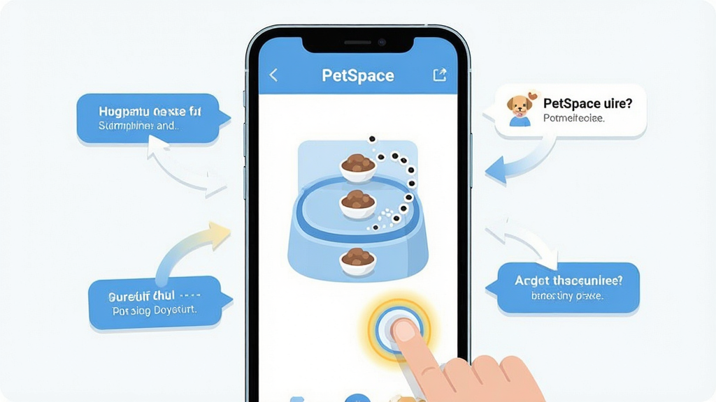 一张展示PetSpace新手操作界面的AI生图,主体为一部智能手机屏幕显示宠物喂养界面与引导箭头,布局采用正面平视角度突出手机屏幕内容,排版简洁清晰,风格为扁平化UI插画,细节包括屏幕上的食物拖拽轨迹、手指点击位置的高亮光圈、周围环绕的提示气泡,画质干净,无多余元素,“PetSpace”