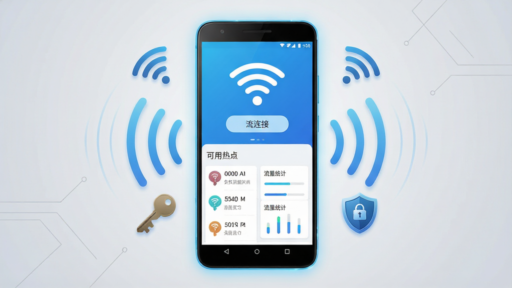 免费流量钥匙软件主界面全景展示,画面中央放置一部安卓手机,手机屏幕显示软件首页,页面上方有醒目的WiFi信号图标和连接按钮,下方排列着可用热点列表与流量统计模块,周围环绕着WiFi信号波纹、钥匙图标、盾牌安全标识等元素,整体布局采用居中对称式排版,风格为清爽科技风,色调以蓝白渐变为主,细节上手机边缘有微微发光效果,背景为浅灰色渐变并点缀少量几何线条,画质高清,画面干净,无多余元素,图片中文字标注“免费流量钥匙软件”