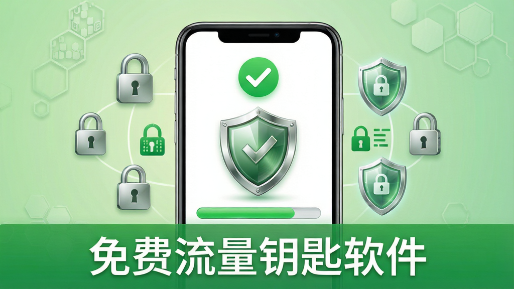 免费流量钥匙软件网络安全检测功能界面图,画面中央一部手机屏幕显示安全检测进度条与盾牌图标,屏幕上方有绿色对勾标识表示检测通过,周围环绕着锁形图标、数据加密符号与防护罩元素,布局采用上下分层排版,风格为安全防护风,色调以绿色与白色为主,细节上盾牌带有金属光泽,背景为浅绿色渐变并点缀六边形纹理,画质高清,画面干净,无多余元素,图片中文字标注“免费流量钥匙软件”
