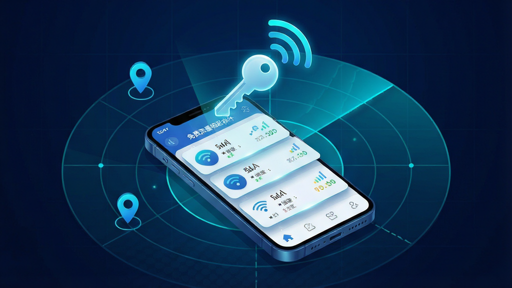 免费流量钥匙软件智能WiFi连接功能展示图,画面中央一部手机屏幕显示附近WiFi热点列表,每个热点旁标注信号强度与连接状态,手机上方悬浮着一把发光的钥匙图标与WiFi信号波纹,周围点缀定位图标与雷达扫描线条,布局采用中心放射式排版,风格为现代科技感,色调以深蓝与亮青色为主,细节上热点列表有微微浮起效果,背景为深色渐变并带有网格纹理,画质高清,画面干净,无多余元素,图片中文字标注“免费流量钥匙软件”
