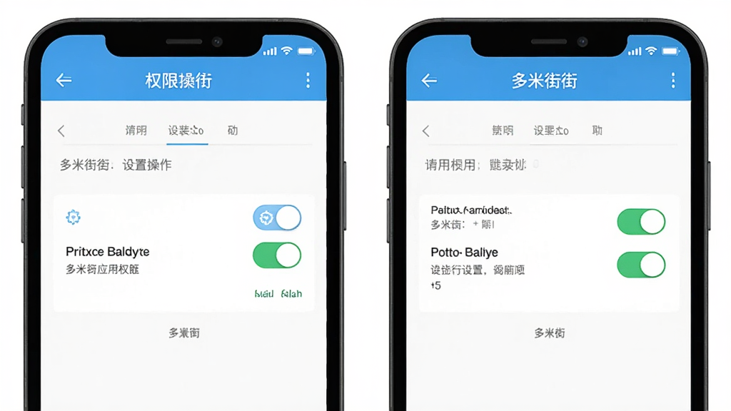 多米街应用安装与设置操作示意图,主体为手机屏幕展示多米街的权限设置页面,布局为上下分栏,风格为扁平化移动端界面,细节上包含权限开关按钮与说明文字,画质清晰,干净,无多余元素