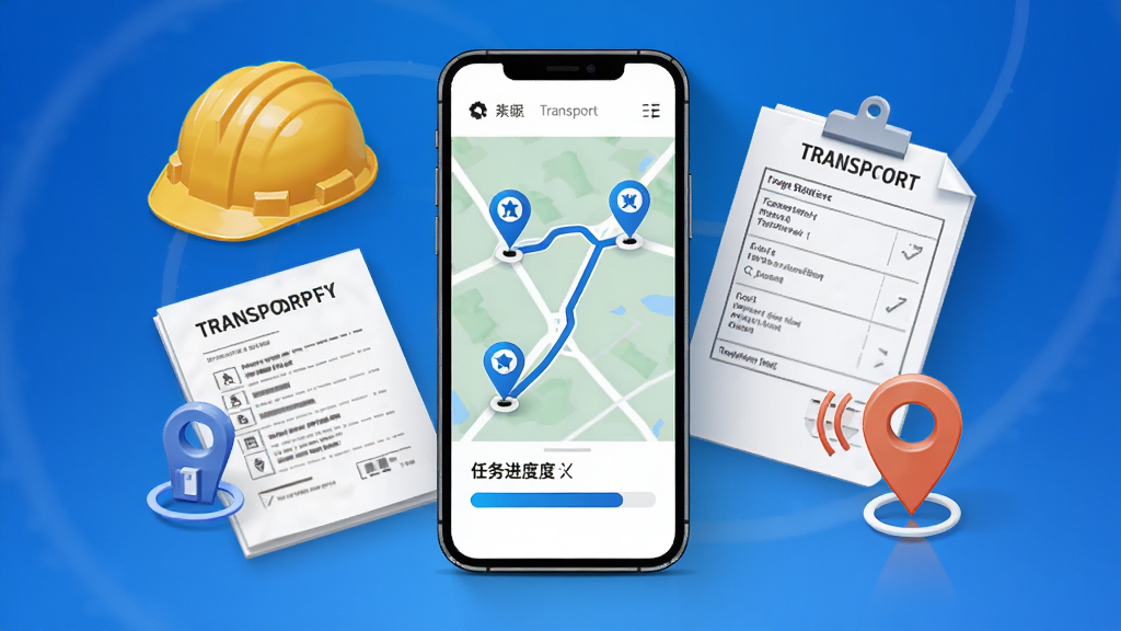 危司机运输任务跟踪功能示意图,画面中一部手机显示运输轨迹地图和任务进度条,地图上有起点终点标记和运输路线,手机周围环绕着安全帽、运输单据、定位图标等元素,整体风格简洁商务,蓝色渐变背景,高清画质,无杂乱元素