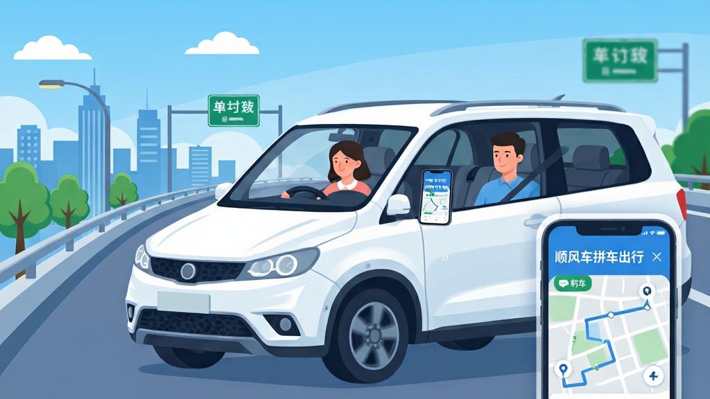 画面主体为一辆白色SUV行驶在城市高架桥上,车内前排坐着驾驶员,后排坐着两位乘客,副驾驶位置显示手机屏幕界面,屏幕上有