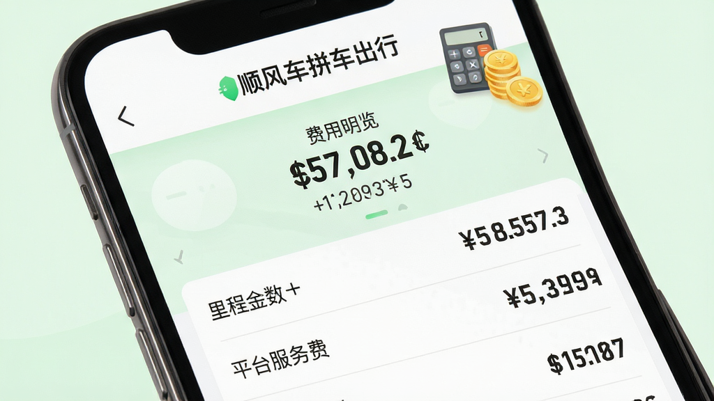 画面主体为手机屏幕展示费用明细页面,页面中列有里程数、分摊金额、平台服务费和实付金额,屏幕上方有