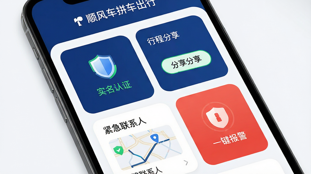 画面主体为手机屏幕显示安全中心页面,页面中包含实名认证徽章、行程分享按钮、紧急联系人列表和一键报警图标,屏幕顶部有