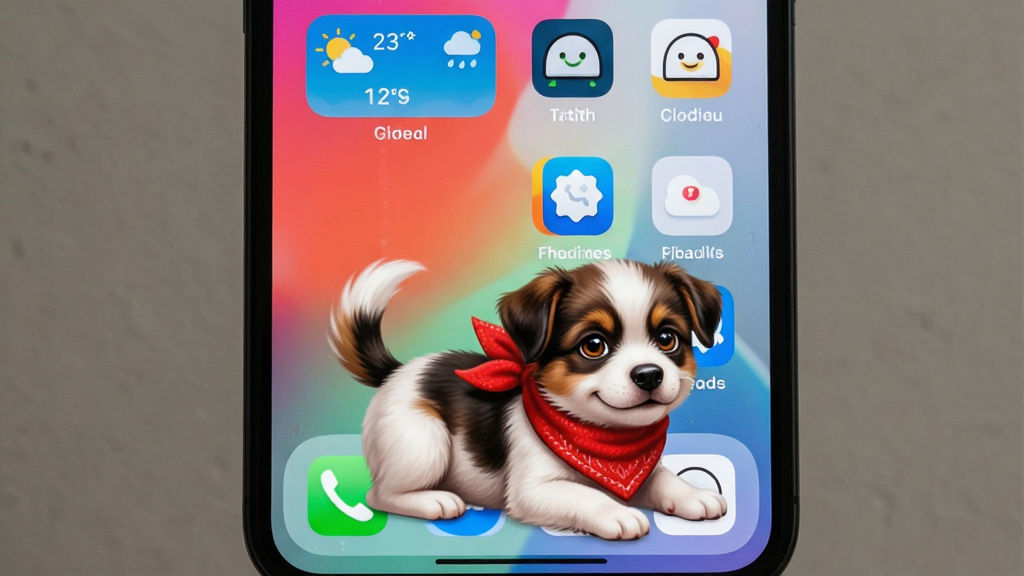 一张桌面电子萌宠在手机桌面上运行的实拍效果图,画面主体是一只戴着红色围巾的小狗趴在手机桌面底部,布局为手机竖屏展示,排版突出宠物与桌面图标的融合感,风格为写实与卡通结合的混合风格,细节包括小狗尾巴轻轻摆动、桌面背景为渐变色壁纸、上方有天气小组件和几个常用应用图标,画质高清,干净,无多余元素