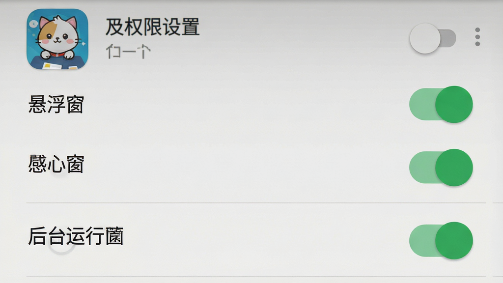 一张展示手机权限设置界面的示意图,画面主体是安卓系统的应用权限管理页面,布局为纵向列表形式,排版突出「悬浮窗」和「后台运行」两个权限开关被打开的状态,风格为简洁的UI界面截图风格,细节包括权限名称文字清晰可见、开关按钮为绿色开启状态、页面顶部有桌面电子萌宠的应用图标,画质高清,干净,无多余元素