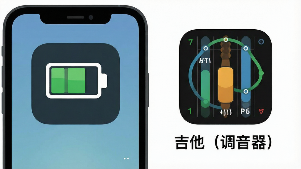 一张吉他调音器低功耗后台运行的概念图,主体为手机显示电池电量图标与调音器应用图标并列,布局采用左右对比,风格为扁平化图标设计,细节包括绿色电量符号、调音器应用图标、“吉他(调音器)”文字标注,画质清晰,干净,无多余元素