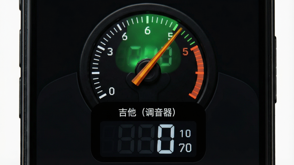 一张吉他调音器指针与数字双显示界面的特写图,主体为手机屏幕中央的圆形指针表盘和下方的数字音分显示区域,布局采用上下结构,风格为暗色主题UI展示,细节包括指针指向中央绿色区域、数字显示“0”音分、“吉他(调音器)”文字标识,画质清晰,干净,无多余元素