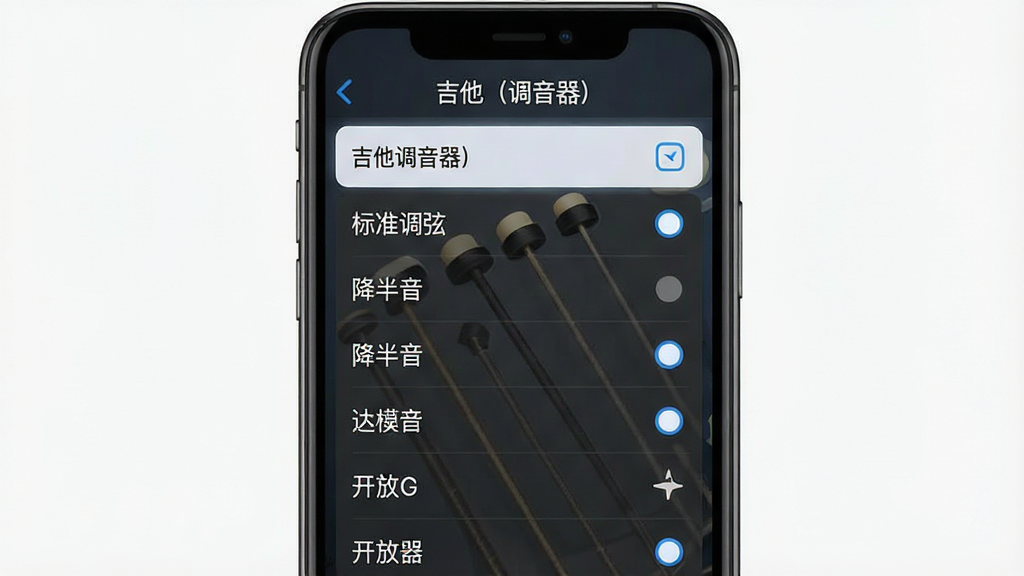 一张吉他调音器多调弦模式选择界面的展示图,主体为手机屏幕显示多种调弦模式列表,布局采用纵向排列,风格为扁平化UI设计展示,细节包括“标准调弦”“降半音”“开放G”等选项文字、选中状态的高亮效果、“吉他(调音器)”应用标题,画质清晰,干净,无多余元素