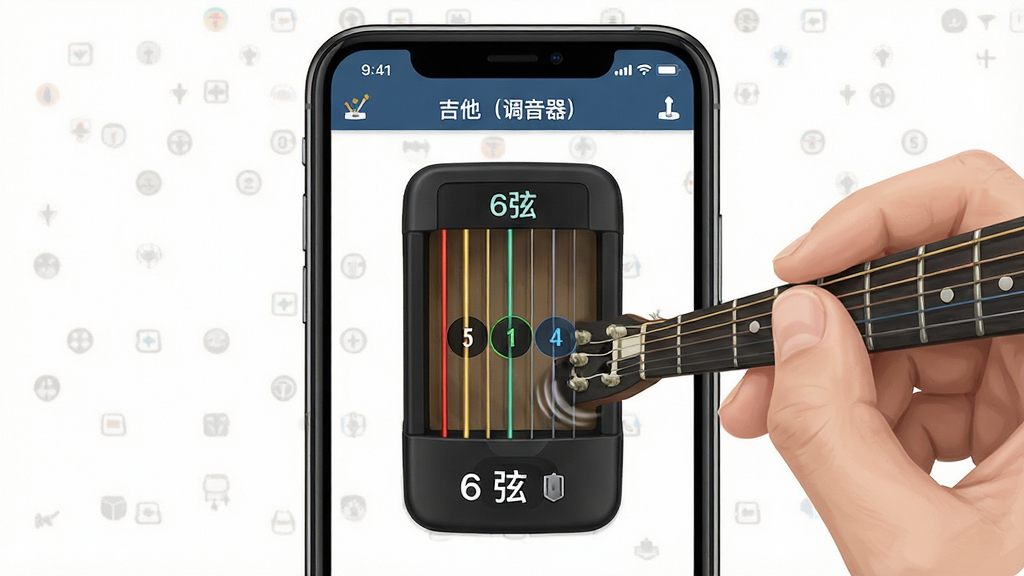 一张吉他调音器自动识别琴弦功能的操作示意图,主体为手机屏幕显示自动识别到的琴弦编号,布局采用中心聚焦,风格为简洁操作指引图,细节包括屏幕上的“6弦”标识、拨弦动作的手部特写、“吉他(调音器)”应用名称,画质清晰,干净,无多余元素