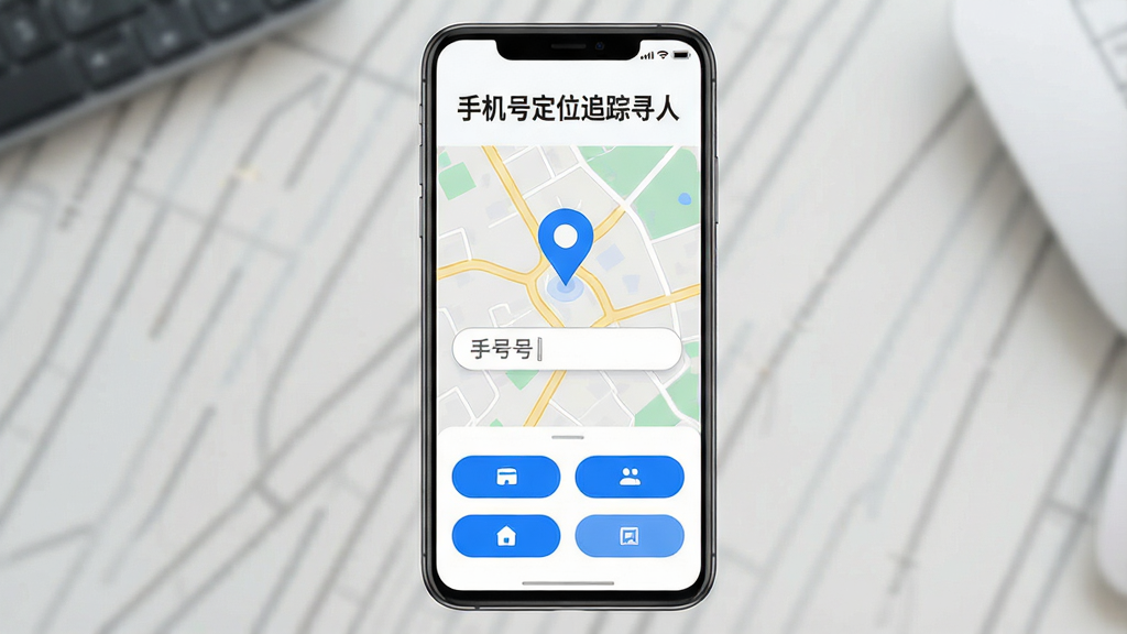 手机号定位追踪寻人软件主界面预览图,主体为一部竖屏安卓手机,屏幕中央展示地图定位界面,地图上有蓝色定位标记与手机号输入框,布局为上下结构,上方为软件名称“手机号定位追踪寻人”文字标题,下方为功能按钮区域,排版简洁清晰,风格为现代扁平化科技风,细节包括浅色背景、圆角卡片、蓝色高亮按钮,画质高清,画面干净,无多余元素