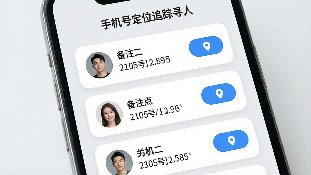 手机号定位追踪寻人联系人管理界面,主体为手机屏幕展示联系人列表,每个联系人卡片包含头像、备注名、手机号与定位按钮,布局为纵向列表排版,顶部显示“手机号定位追踪寻人”文字,风格为柔和圆角卡片风,细节包括浅灰背景、白色卡片、蓝色图标,画质高清,画面干净,无多余元素