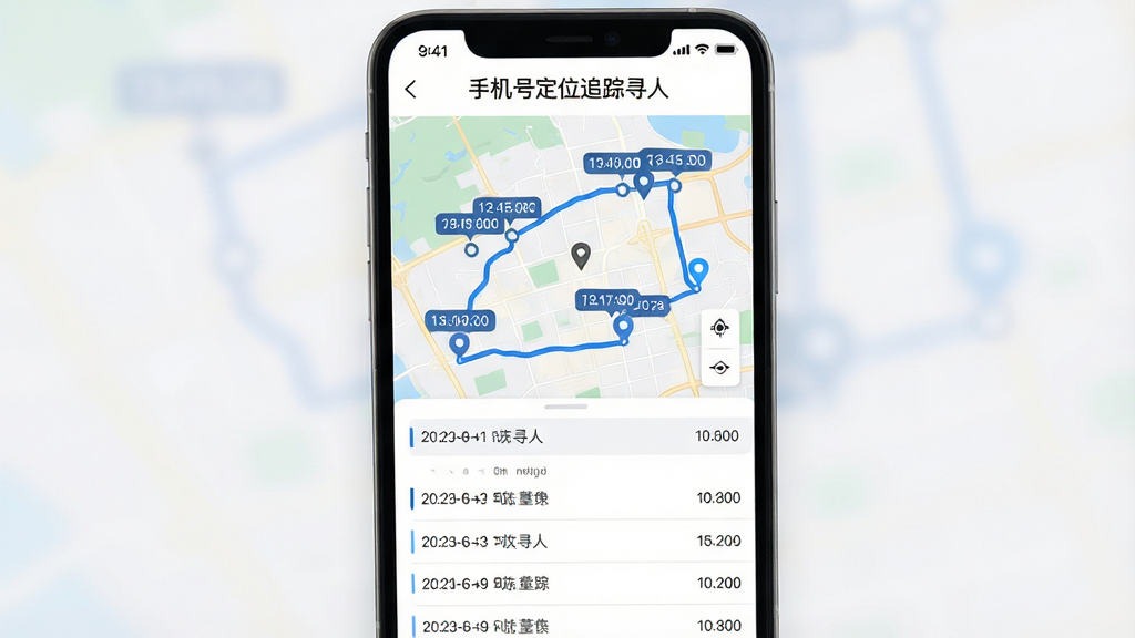 手机号定位追踪寻人历史轨迹界面,主体为手机屏幕展示地图轨迹线,地图上有多个时间点标记与连线,布局为上方地图下方时间列表,顶部显示“手机号定位追踪寻人”文字,风格为简约数据可视化风,细节包括蓝色轨迹线、时间戳标签、地点名称,画质高清,画面干净,无多余元素