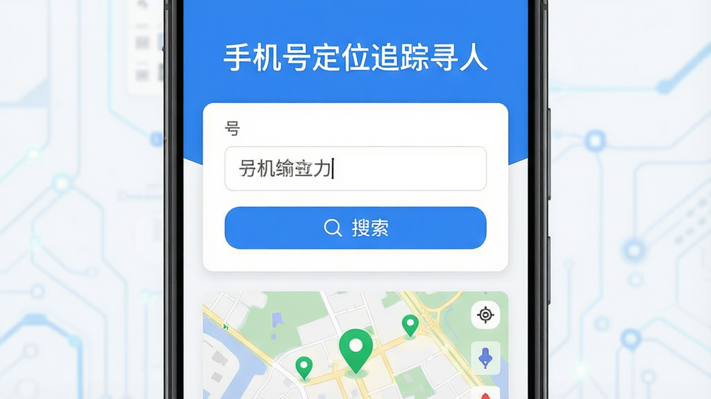 手机号定位追踪寻人功能展示图,主体为安卓手机屏幕,屏幕中显示手机号输入框与地图定位标记,布局为居中排版,上方为“手机号定位追踪寻人”软件名称文字,中间为输入框与搜索按钮,下方为地图缩略图,风格为清爽浅色科技风,细节包括蓝色按钮、白色卡片背景、绿色定位图标,画质高清,画面干净,无多余元素