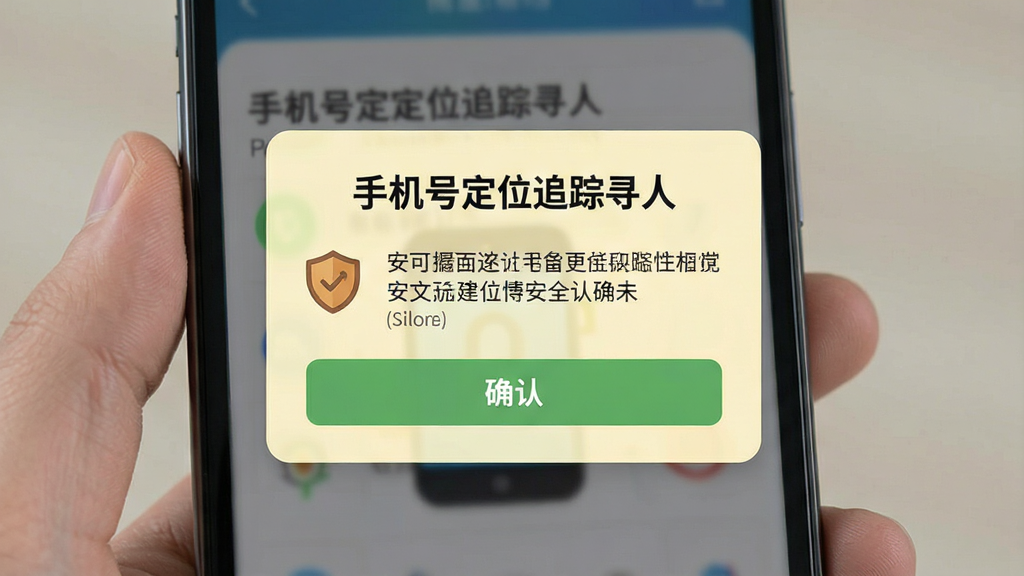 手机号定位追踪寻人安全提示界面,主体为手机屏幕弹窗提示框,弹窗内包含安全使用说明文字与确认按钮,布局为居中弹窗排版,顶部显示“手机号定位追踪寻人”文字,风格为简洁警示风,细节包括浅黄色提示底色、盾牌图标、确认按钮,画质高清,画面干净,无多余元素