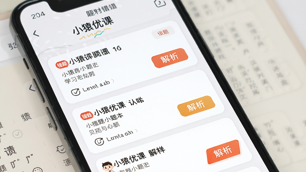 小猿优课 错题本功能界面 手机屏幕展示错题列表与解析 主体为手机应用界面 布局列表式 排版清晰 风格简约学习风 细节包含题目卡片 红色错题标记 解析按钮 画质清晰 干净 无多余元素
